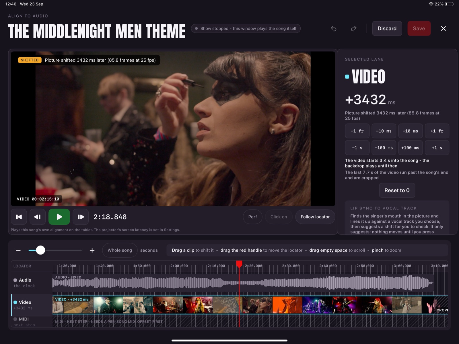 The alignment window: a video frame and its transport above, with the song's audio, video and MIDI lanes below and the video shifted 3432 ms later