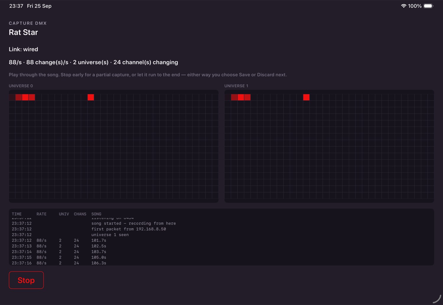 A DMX capture running, with live universes and a log