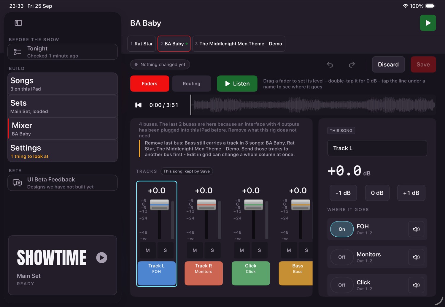 The mixer with track strips, bus strips and the song strip