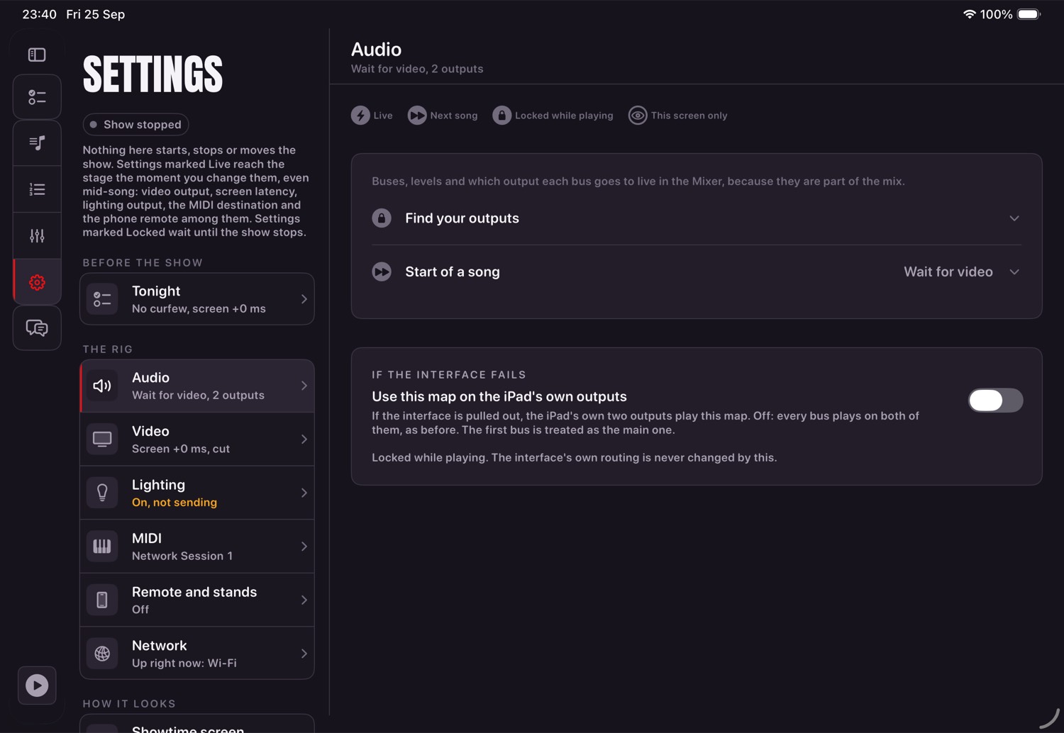 The Audio area of Settings