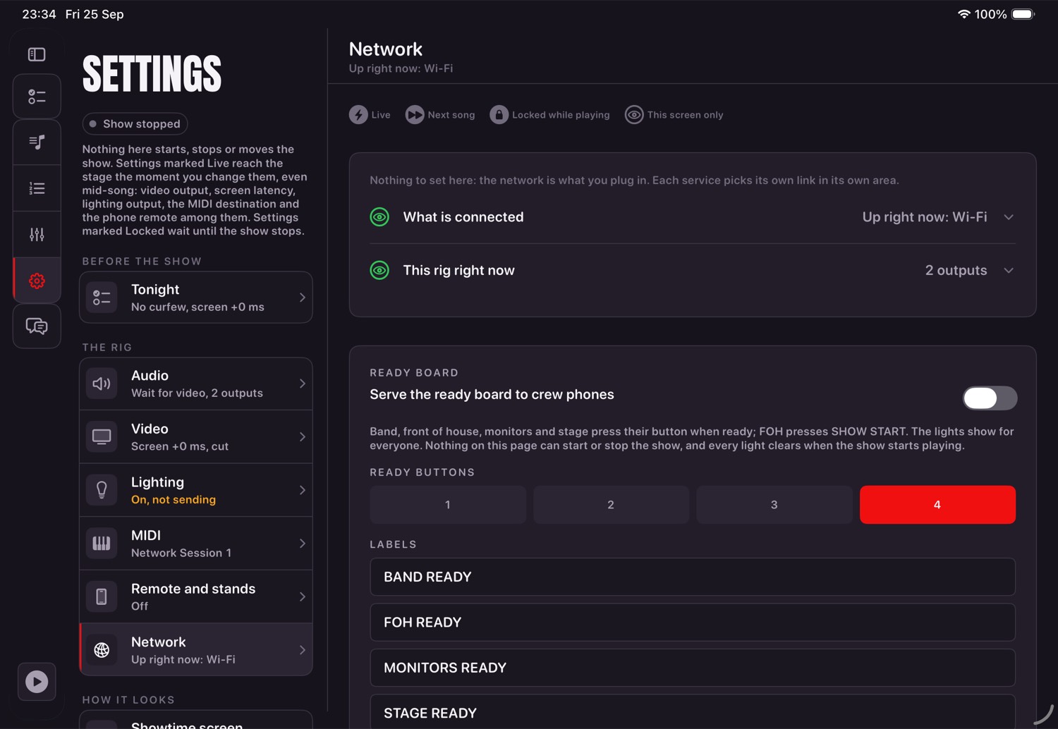The NETWORK card in Settings