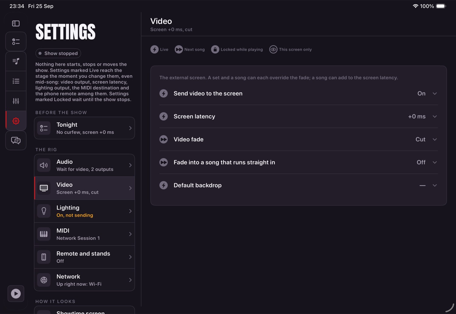 The Settings screen showing the areas list and the Video area