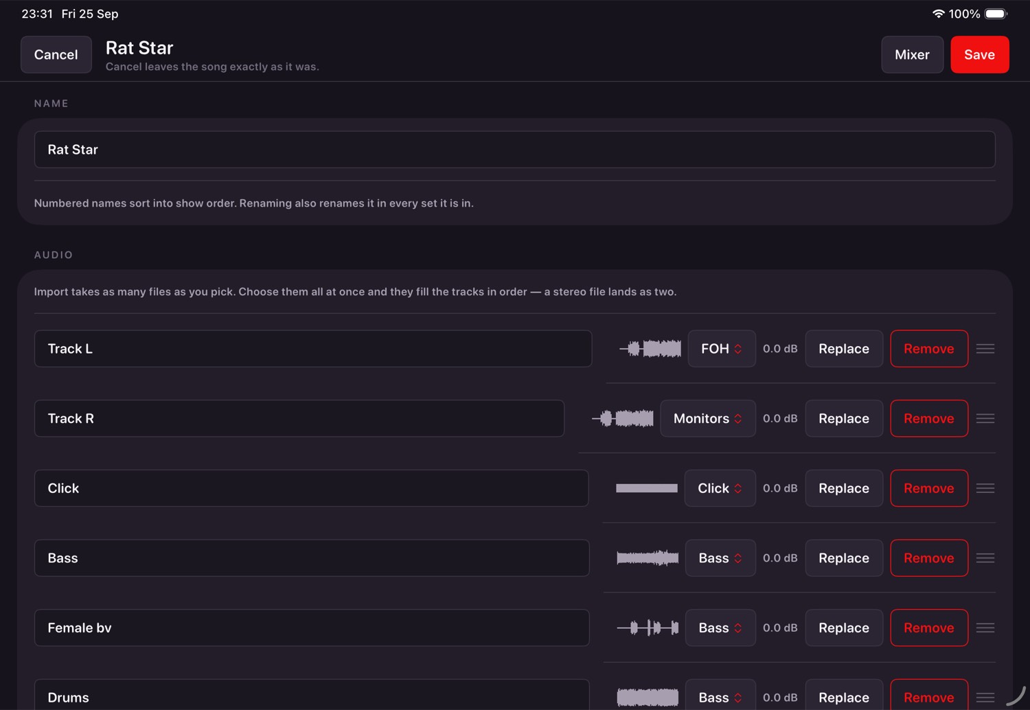 The song editor's name and audio sections