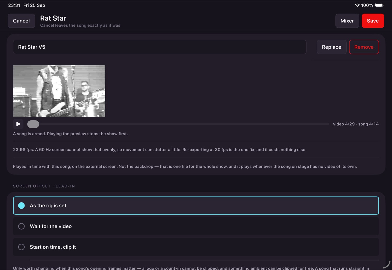 The video row of the song editor