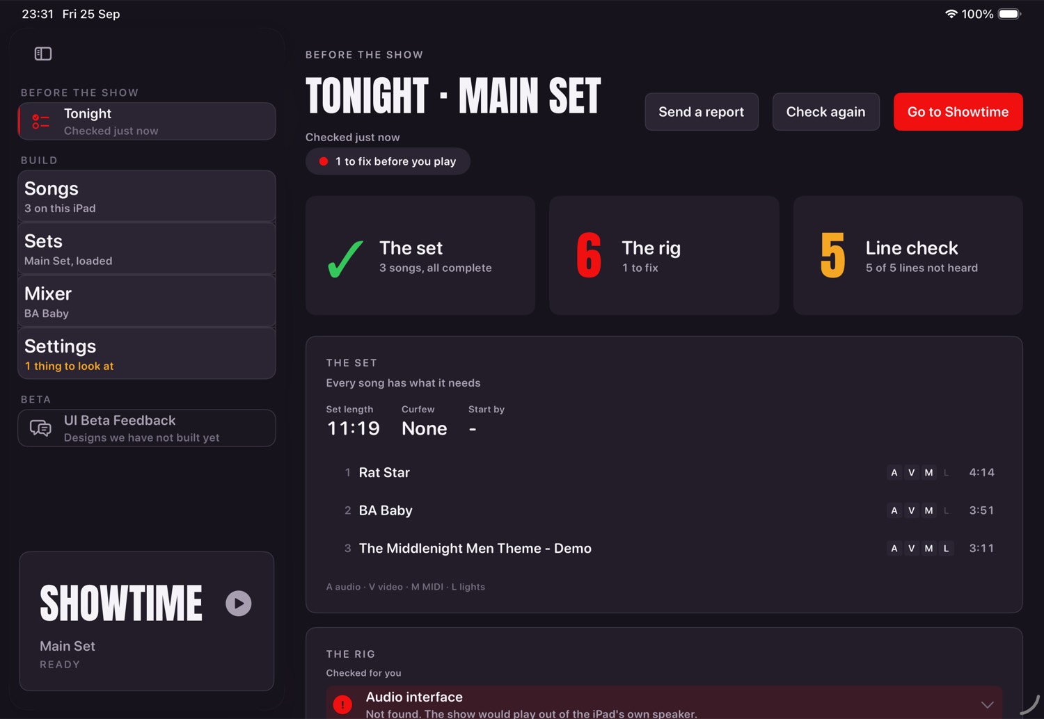 The Tonight screen showing the set, the rig and a line check