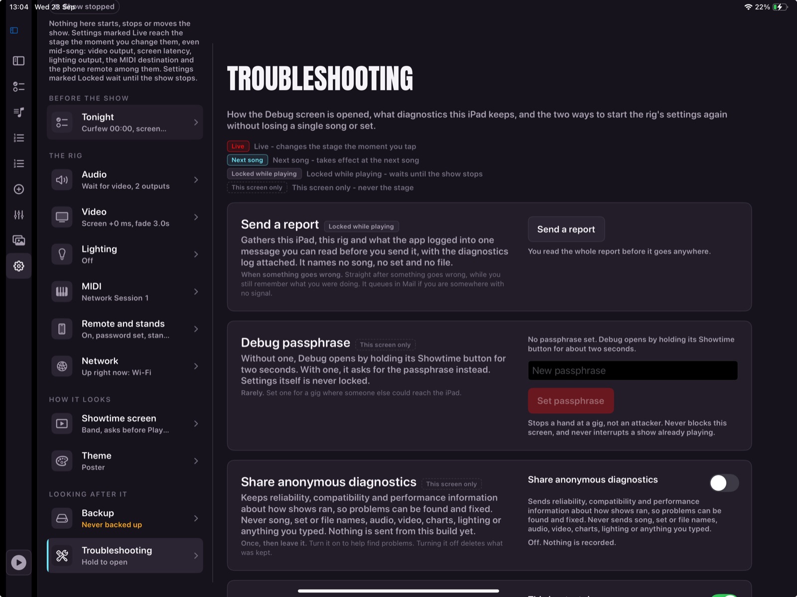 The rig settings on an iPad, open at Troubleshooting, with a Send a report card explaining that you read the whole report before it goes anywhere