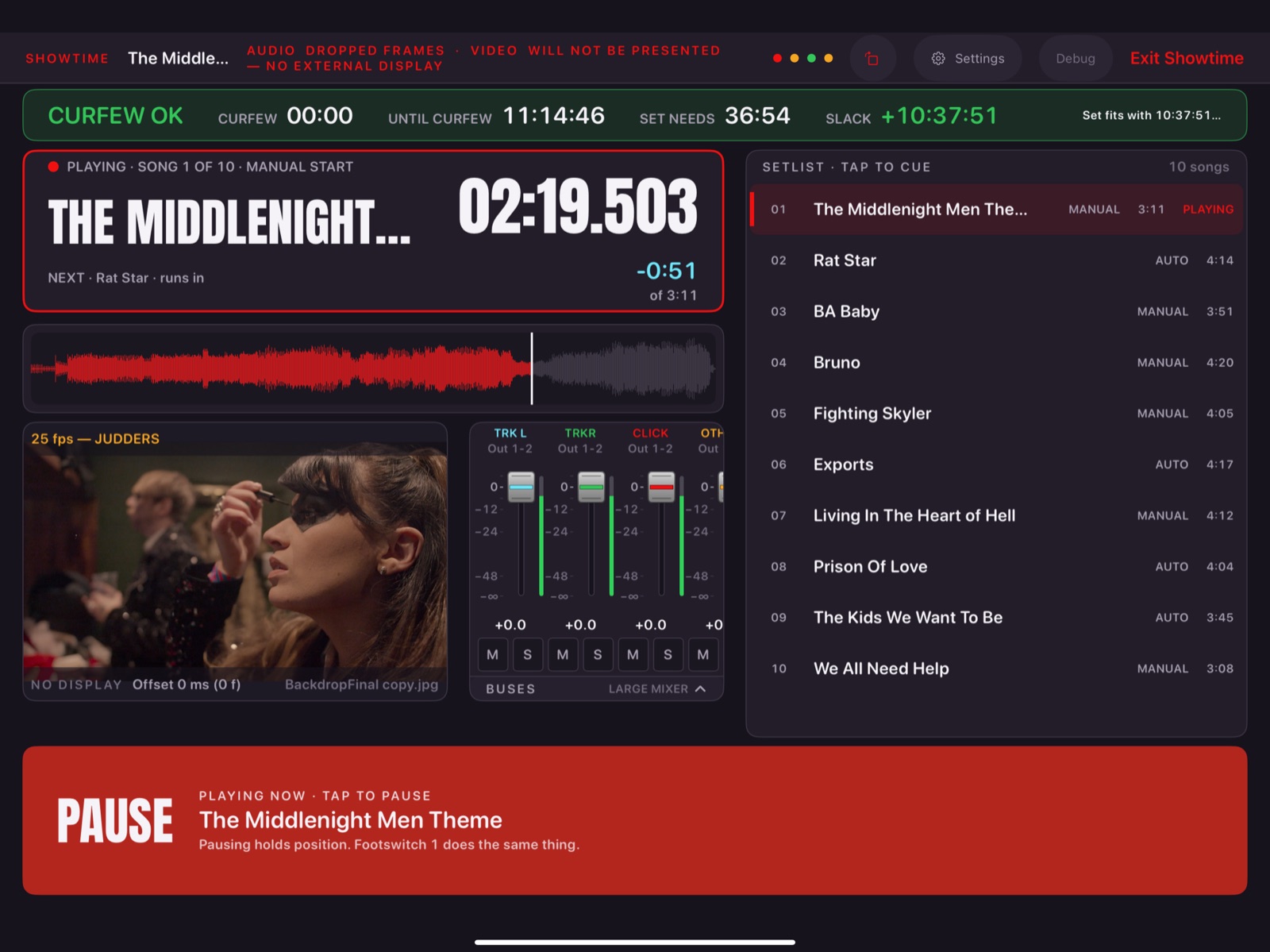 Showtime on an iPad mid-song: the curfew bar, the song and its running time, the waveform, the song's video, bus faders, the set list and a full width Pause bar
