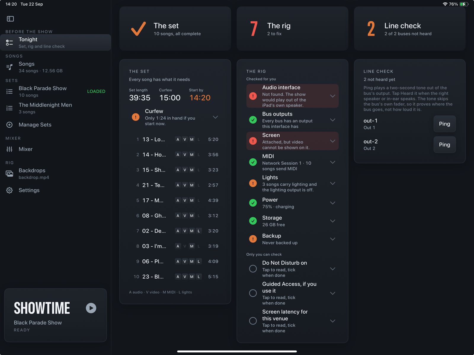 The Tonight check: the set, the rig with problems flagged, and a line check for each output